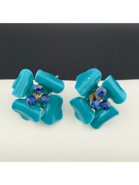 Vintage Enamel Flower Clip On Earrings Teal Blue Rhinestone Summer